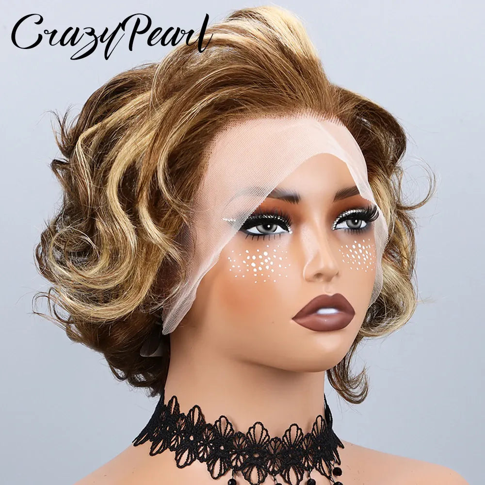 P4/27 Highlight Pixie Cut Wigs Human Hair Short Curly Brown Blonde Gradient Lace Front Pre Plucked Bleached Knots Natural Look