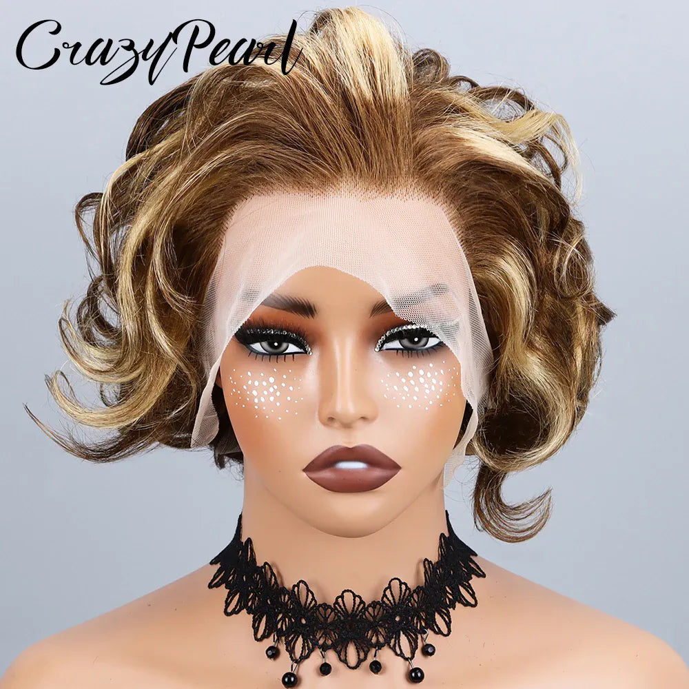 P4/27 Highlight Pixie Cut Wigs Human Hair Short Curly Brown Blonde Gradient Lace Front Pre Plucked Bleached Knots Natural Look
