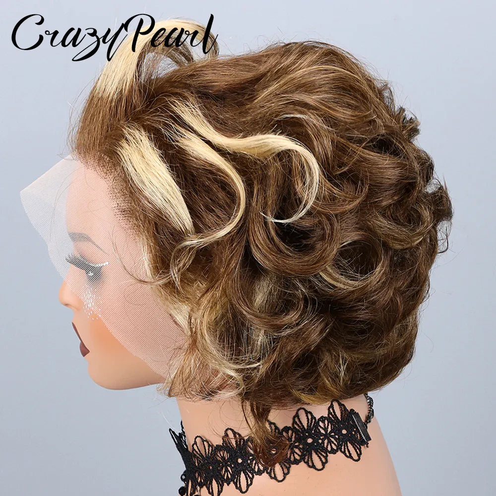 P4/27 Highlight Pixie Cut Wigs Human Hair Short Curly Brown Blonde Gradient Lace Front Pre Plucked Bleached Knots Natural Look