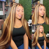 P4/27 highlight straight lace front human hair wig for women, 200 density, pre-plucked HD lace frontal