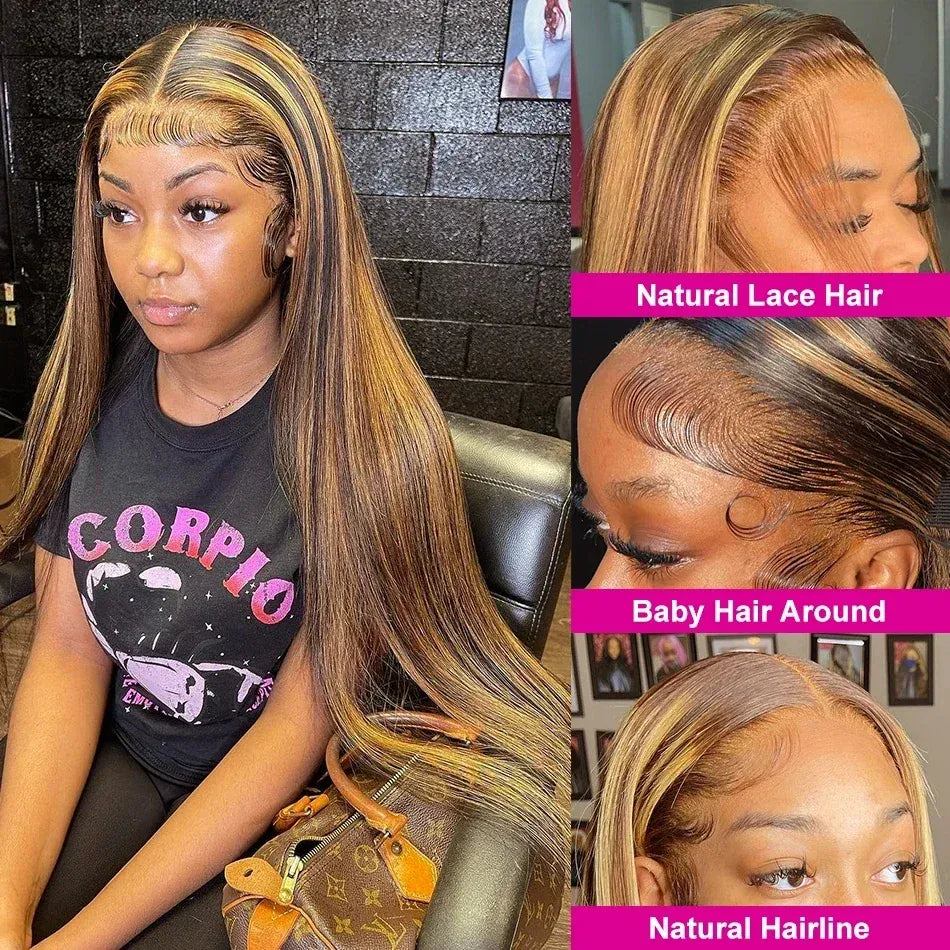 P4/27 highlight straight human hair lace front wig for women, 200 density, pre-plucked HD lace, HSF Marketplace