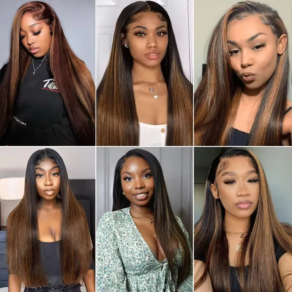 P4/27 highlight straight lace front human hair wig, 200 density, pre-plucked HD lace, 13x4 frontal for women