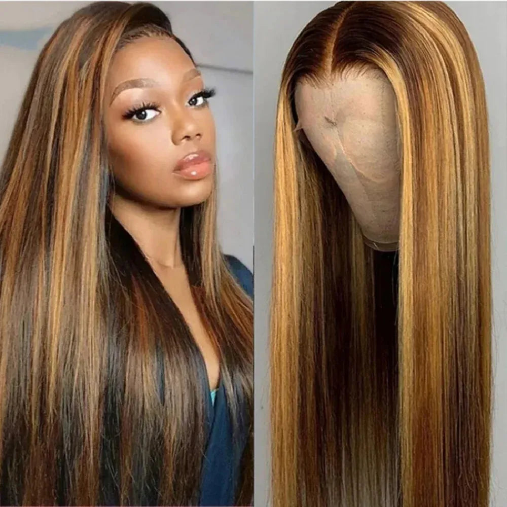 P4/27 highlight straight lace front human hair wig for women, 200 density with pre-plucked HD lace frontal