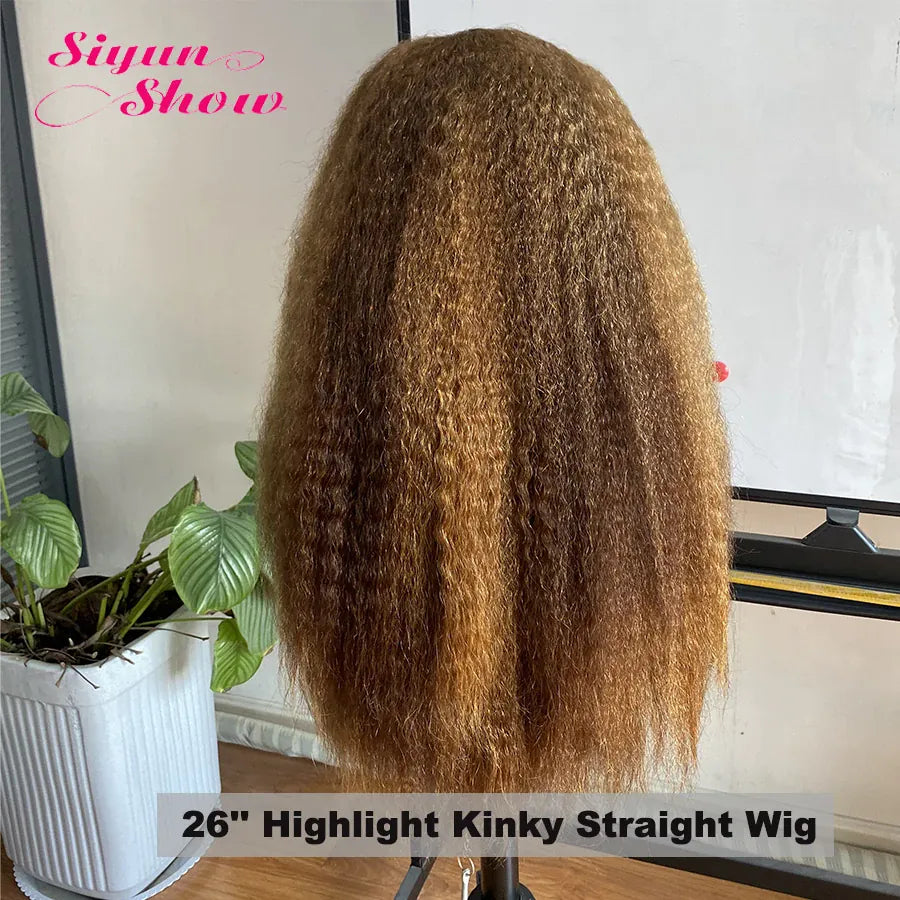 P4/27 Kinky Straight Wigs Highlight Vietnamese Super Double Drawn Human Hair Wigs HD Transparent Lace Frontal Wig Bleached Knots