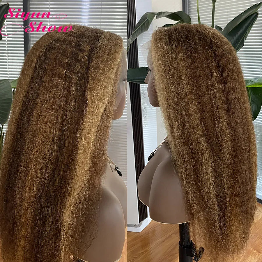 P4/27 Kinky Straight Wigs Highlight Vietnamese Super Double Drawn Human Hair Wigs HD Transparent Lace Frontal Wig Bleached Knots