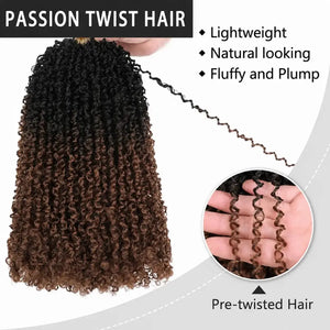 Passion Twist Crochet Hair, Ombre Synthetic Pre-Looped, Pre-Twisted Hair Extensions 8"-14"