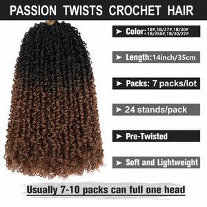 Passion Twist Crochet Hair, Ombre Synthetic Pre-Looped, Pre-Twisted Hair Extensions 8"-14"