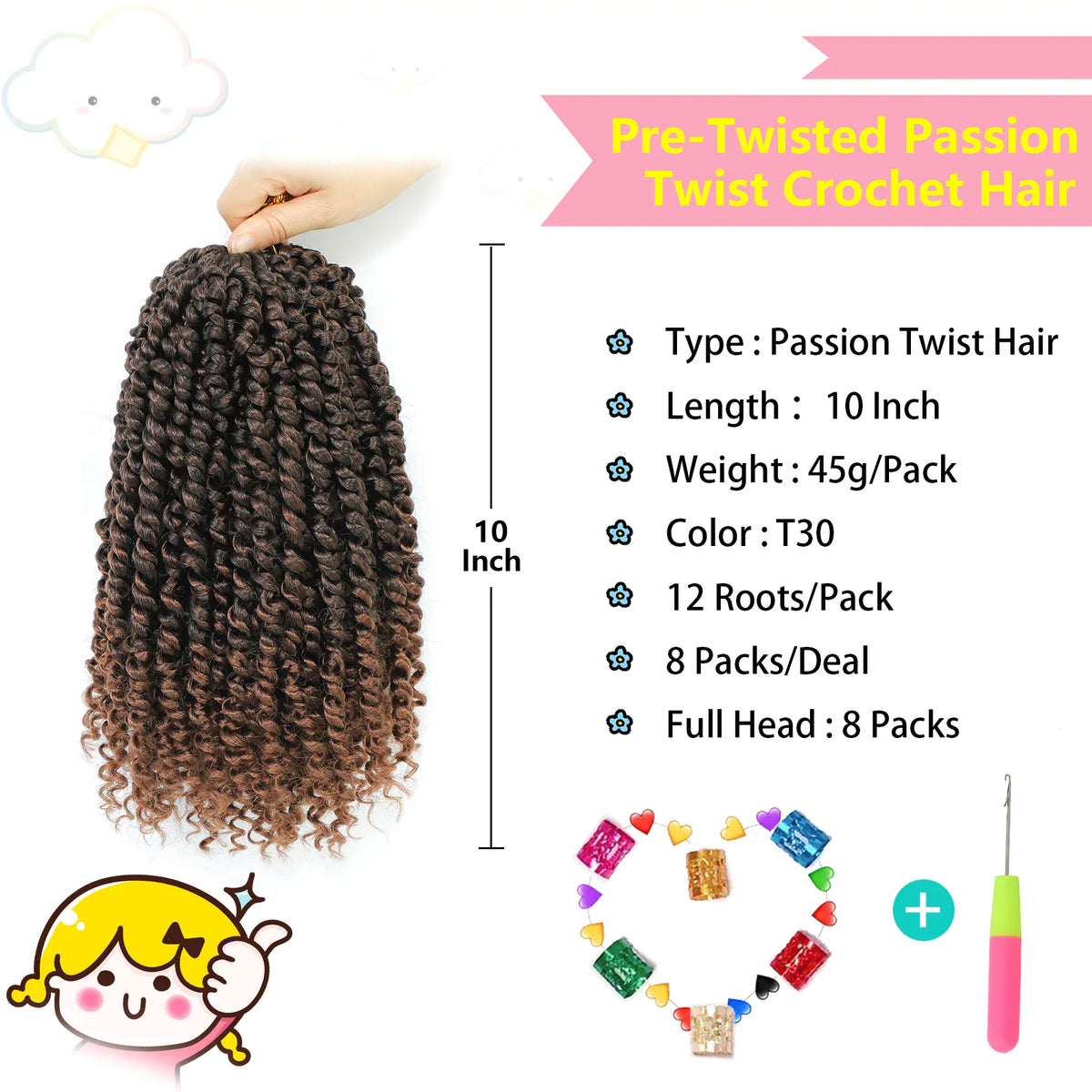 Passion Twist Synthetic Hair 1-8 Packs Passion Twist Crochet Hair for Black Women, Prelooped Crochet Twist Hair with Curly Ends