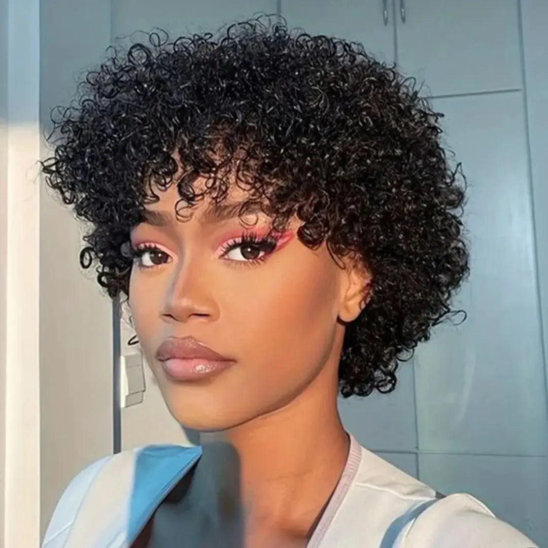 (Persephone) Short Afro Kinky Curly Pixie Bob Human Hair Wig with Bangs, Natural Brazilian Remy Hair