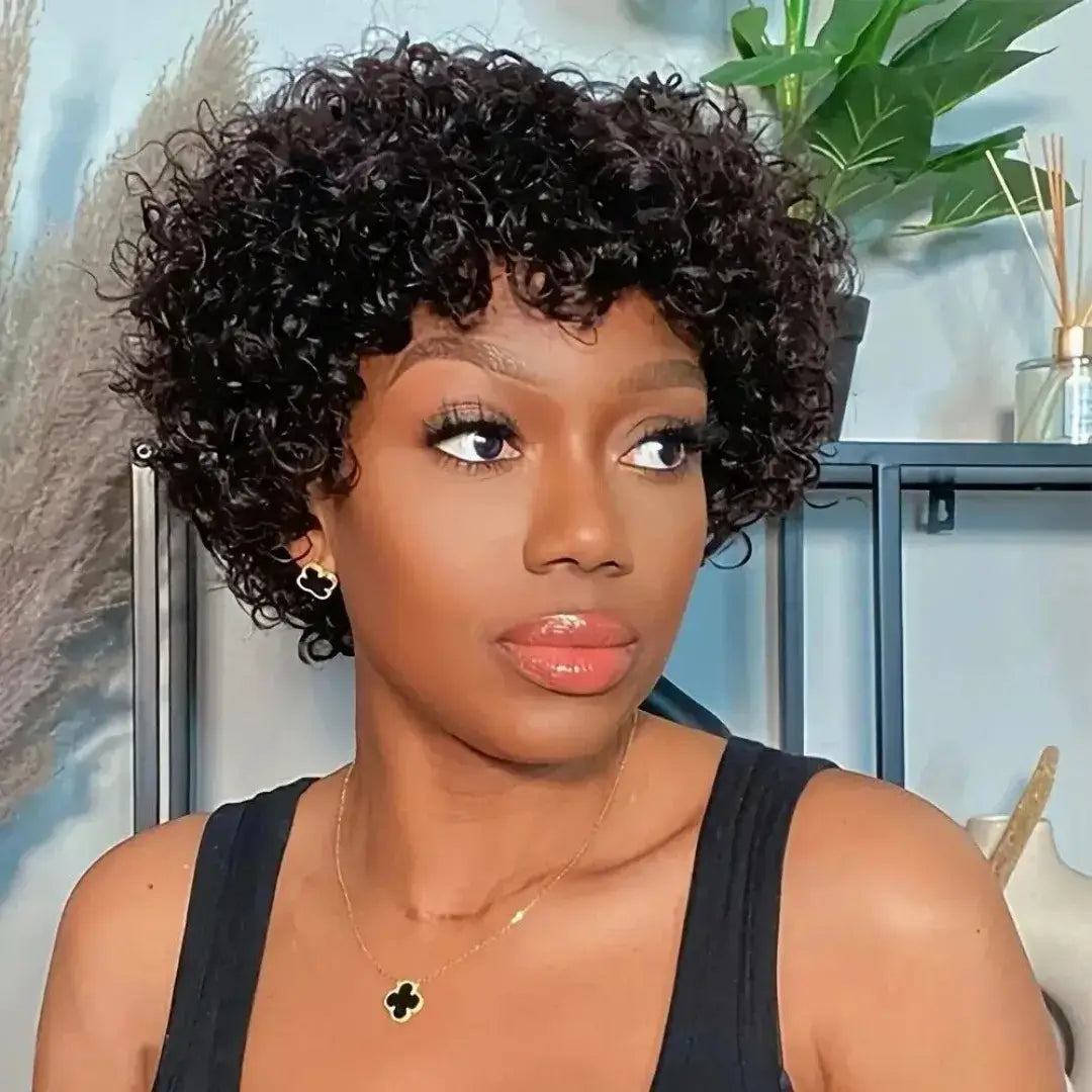 (Persephone) Short Afro Kinky Curly Pixie Bob Human Hair Wig with Bangs, Natural Brazilian Remy Hair