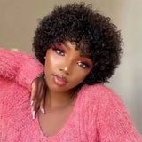 (Persephone) Short Afro Kinky Curly Pixie Bob Human Hair Wig with Bangs, Natural Brazilian Remy Hair
