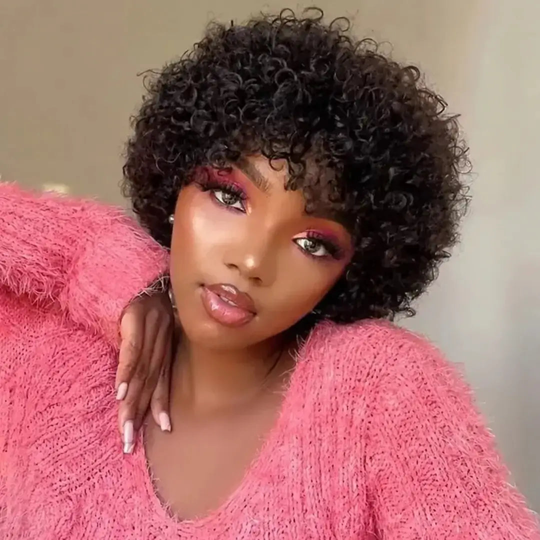 (Persephone) Short Afro Kinky Curly Pixie Bob Human Hair Wig with Bangs, Natural Brazilian Remy Hair