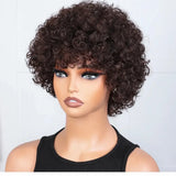 (Persephone) Short Afro Kinky Curly Pixie Bob Human Hair Wig with Bangs, Natural Brazilian Remy Hair