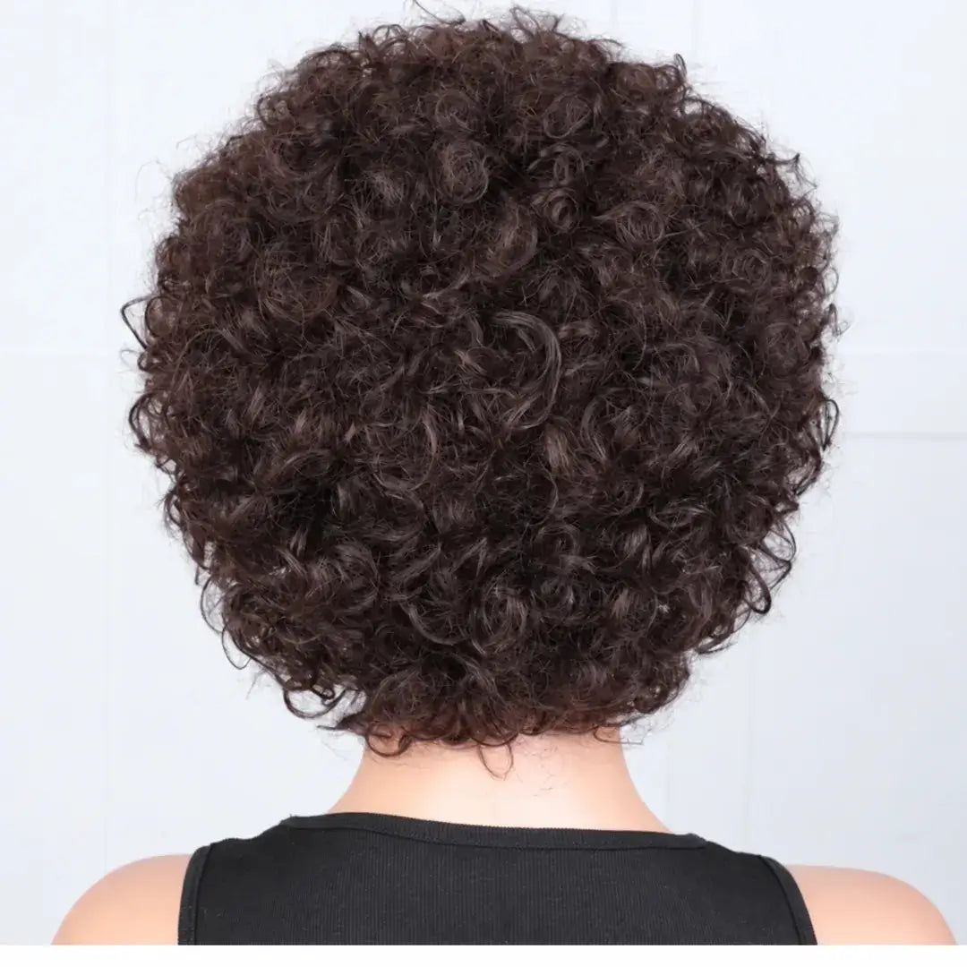 (Persephone) Short Afro Kinky Curly Pixie Bob Human Hair Wig with Bangs, Natural Brazilian Remy Hair