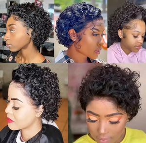 Pixie Cut Curly Human Hair Lace Front Wig 13x1 Transparent Lace, Brazilian Water Wave Short Bob Wig