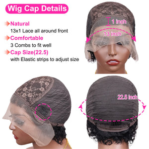Pixie Cut Curly Human Hair Lace Front Wig 13x1 Transparent Lace, Brazilian Water Wave Short Bob Wig