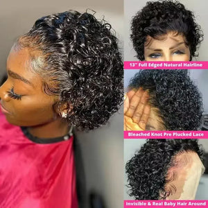 Pixie Cut Curly Human Hair Lace Front Wig 13x1 Transparent Lace, Brazilian Water Wave Short Bob Wig