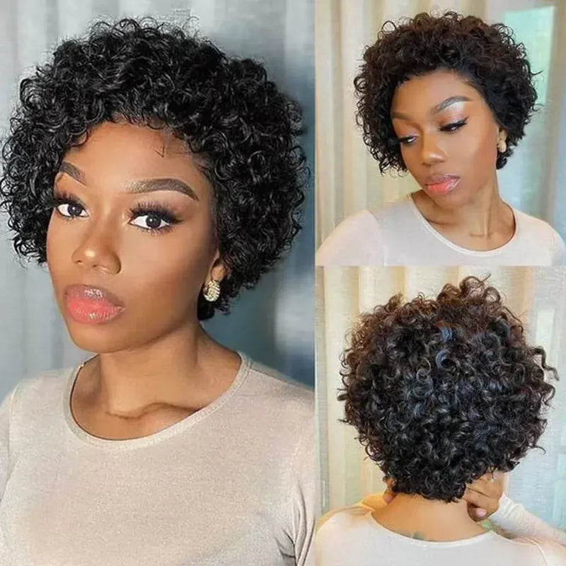(Caprice) Pixie Cut Curly Human Hair Lace Front Wig 13x1 Transparent Lace, Brazilian Water Wave Short Bob Wig
