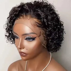Pixie Cut Curly Human Hair Lace Front Wig 13x1 Transparent Lace, Brazilian Water Wave Short Bob Wig