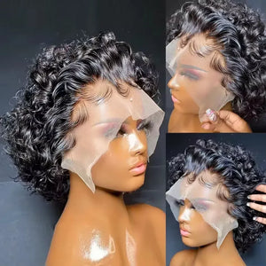 Pixie Cut Curly Human Hair Lace Front Wig 13x1 Transparent Lace, Brazilian Water Wave Short Bob Wig