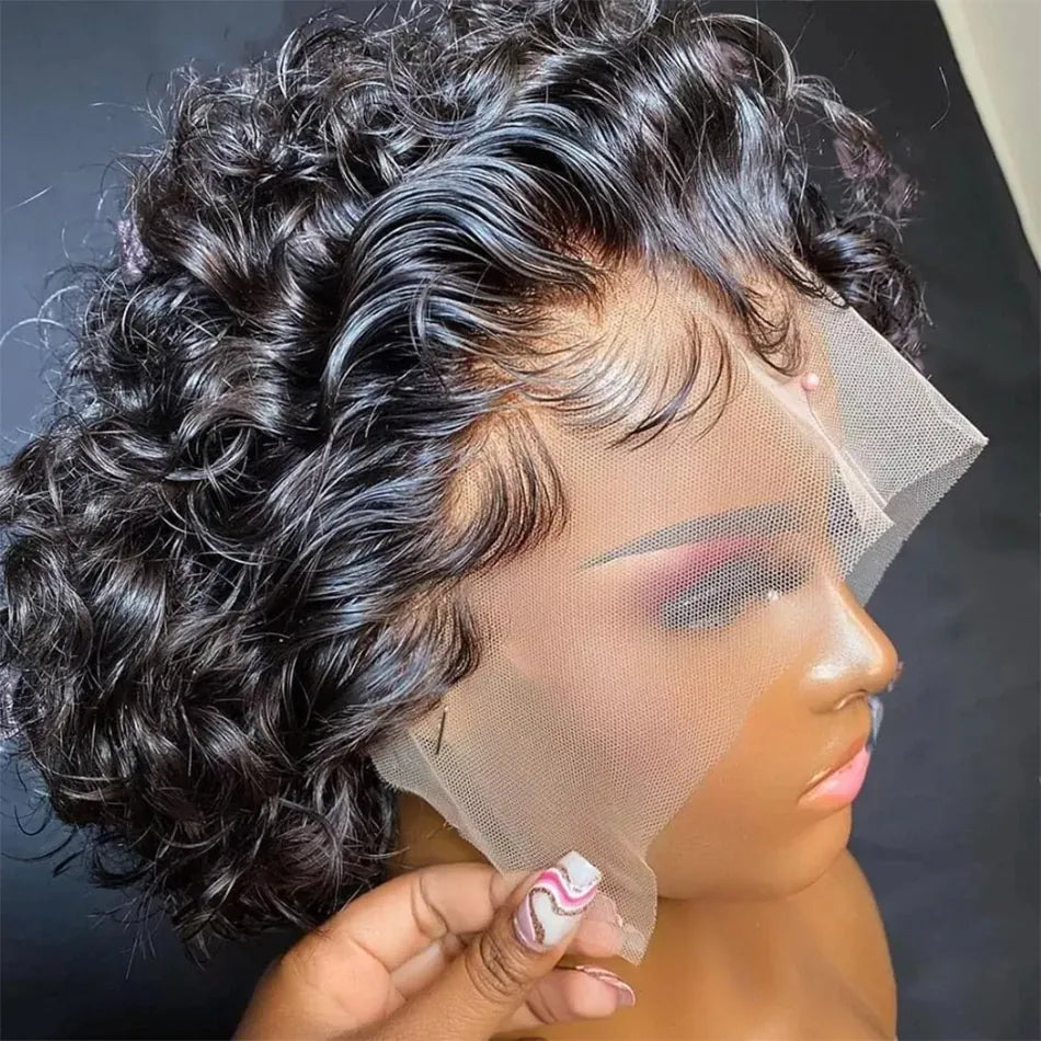 Pixie Cut Wig Water Wave Transparent Lace Frontal Wigs 13x1 Short Bob Human Hair Wigs For Women Perruque Cheveux On Sale 180%