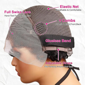 (Pomona) Pixie Finger Wave Human Hair Wig 13x4 Transparent Swiss Lace Front Short Ready to Wear Style