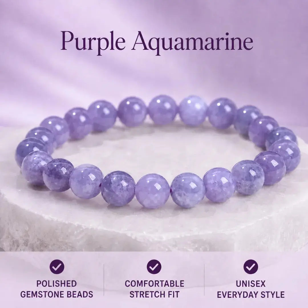 Purple Aquamarine Stone Bracelet, Gemstone Stretch Bead Bracelet for Women and Men