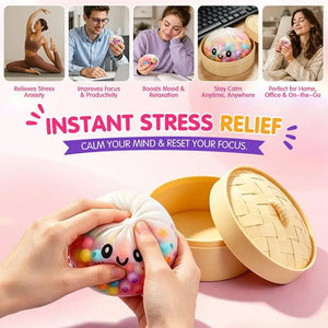 Rainbow Dumpling Squishy Fidget Toy with Bamboo Steamer, Bead-Filled Sensory Stress Relief Squeeze
