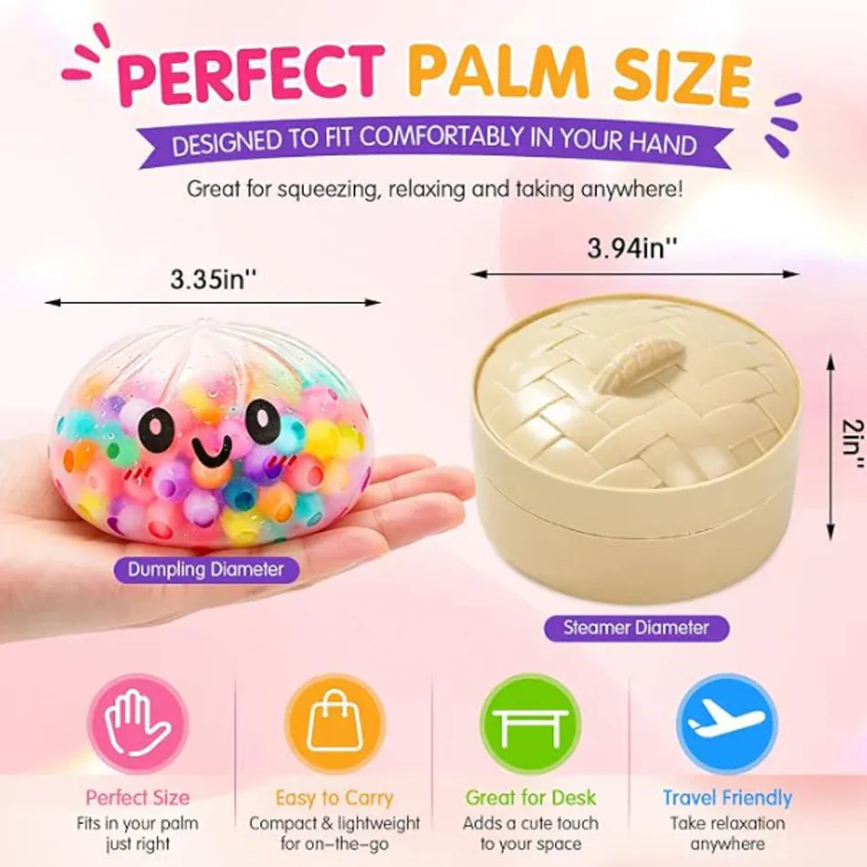 Rainbow Dumpling Squishy Fidget Toy with Bamboo Steamer, Bead-Filled Sensory Stress Relief Squeeze