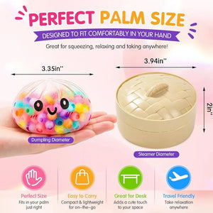 Rainbow Dumpling Squishy Fidget Toy with Bamboo Steamer, Bead-Filled Sensory Stress Relief Squeeze