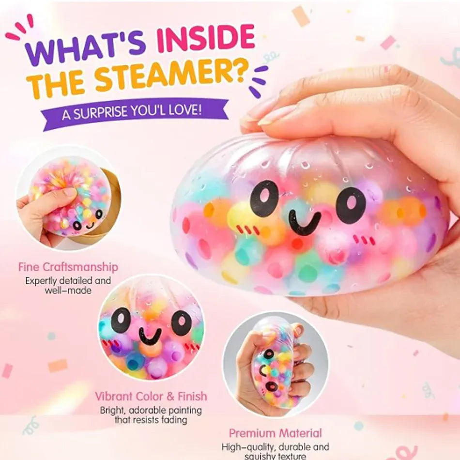 Rainbow Dumpling Squishy Fidget Toy with Bamboo Steamer, Bead-Filled Sensory Stress Relief Squeeze