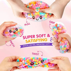 Rainbow Dumpling Squishy Fidget Toy with Bamboo Steamer, Bead-Filled Sensory Stress Relief Squeeze