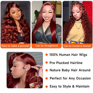 Reddish Brown Body Wave Human Hair Lace Front Wig 13x6, #33 Colored Wig, Pre-Plucked Baby Hair, 180% Density