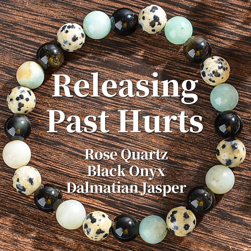Release Past Crystal Bracelets,pink Crystal, Black Agate,and Spotted Gemstone Bracelets for Emotional Healing and Anxiety Relief