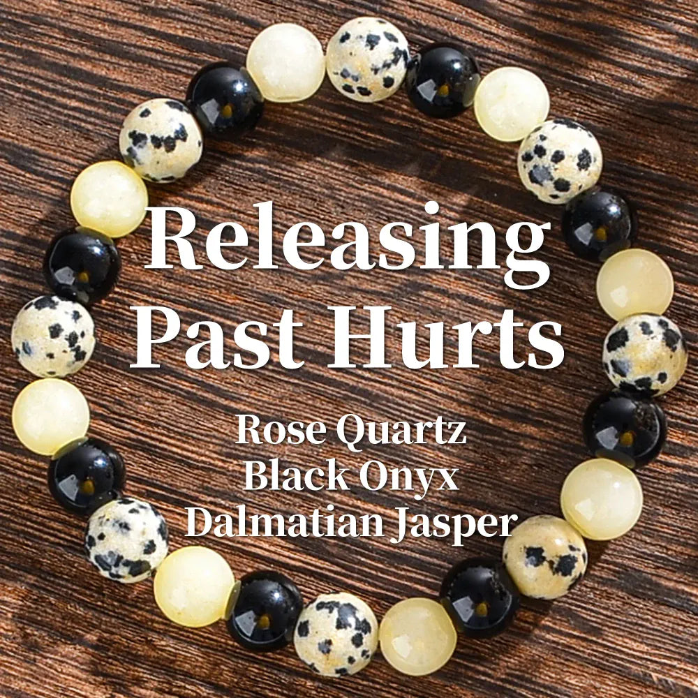 Release Past Crystal Bracelets,pink Crystal, Black Agate,and Spotted Gemstone Bracelets for Emotional Healing and Anxiety Relief