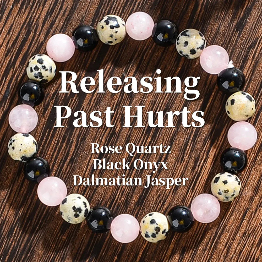 Release Past Crystal Bracelets,pink Crystal, Black Agate,and Spotted Gemstone Bracelets for Emotional Healing and Anxiety Relief