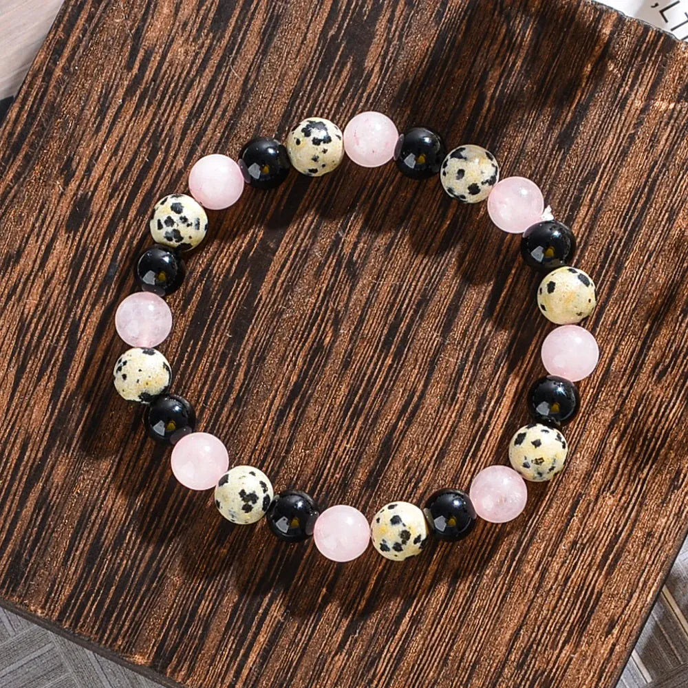 Release Past Crystal Bracelets,pink Crystal, Black Agate,and Spotted Gemstone Bracelets for Emotional Healing and Anxiety Relief