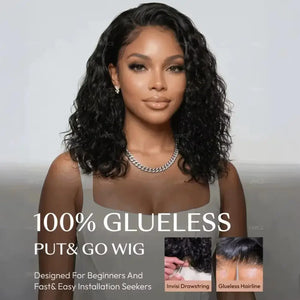(Rhea) Loose Wave Bob Human Hair Wig, 6x4 Minimalist Lace C-Side Part, Glueless No-Slip Cap, 220% Density