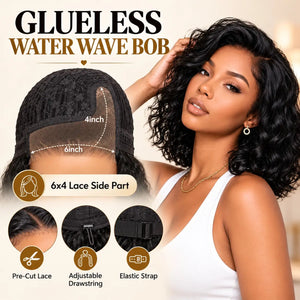 (Rhea) Loose Wave Bob Human Hair Wig, 6x4 Minimalist Lace C-Side Part, Glueless No-Slip Cap, 220% Density
