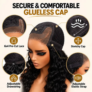 (Rhea) Loose Wave Bob Human Hair Wig, 6x4 Minimalist Lace C-Side Part, Glueless No-Slip Cap, 220% Density