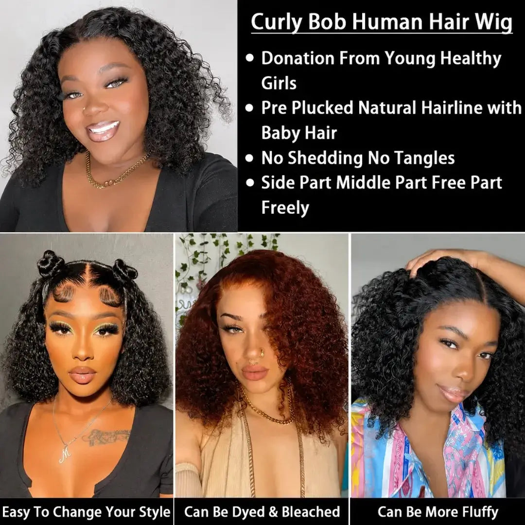 (Rocka Fella) Deep Wave Bob Human Hair HD Lace Front Wig 13x4 or 4x4 Closure, Brazilian Hair, 150-200% Density
