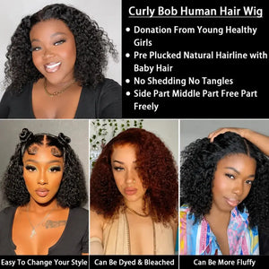 (Rocka Fella) Deep Wave Bob Human Hair HD Lace Front Wig 13x4 or 4x4 Closure, Brazilian Hair, 150-200% Density
