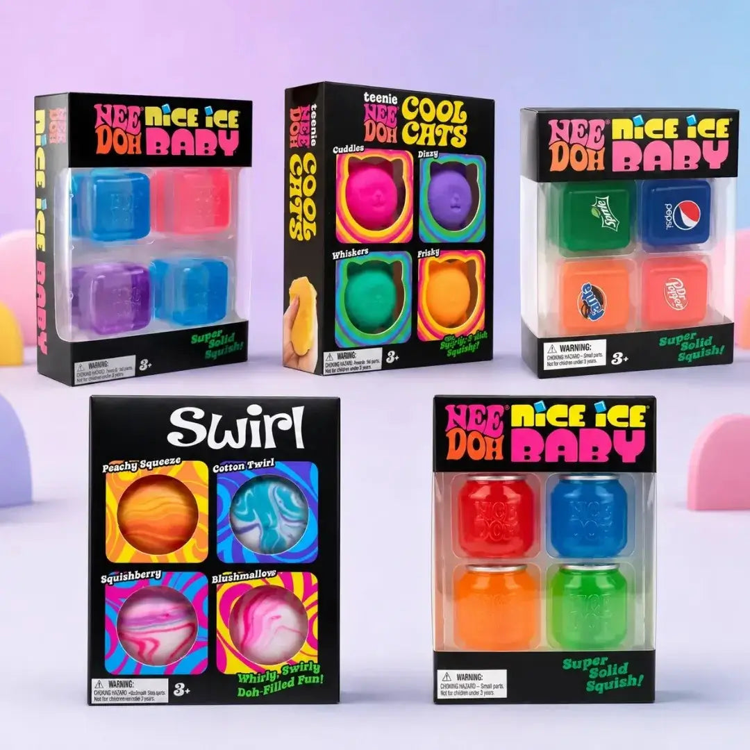 Schylling NeeDoh Mini 4-Piece Set Squishy Fidget Toys, Teenie Swirl, Cool Cats, Nice Ice Baby, Soda Cans & Nice Cubes