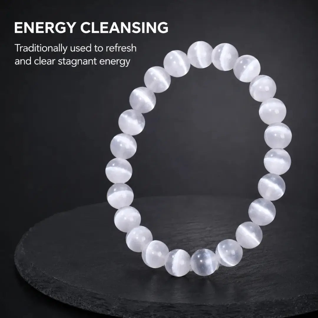 Selenite Stone Bracelet, Crystal Gemstone Stretch Beads 6mm 8mm 10mm for Women and Men