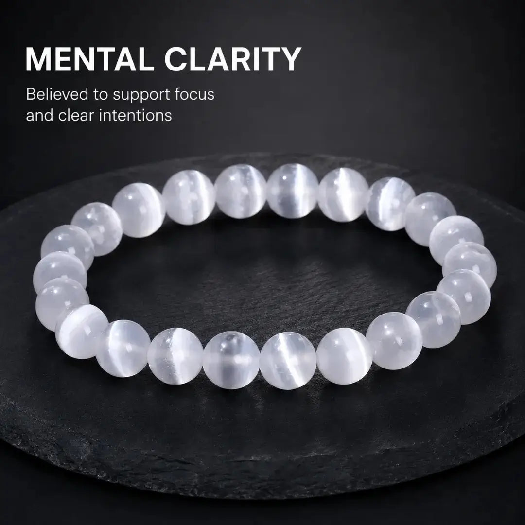 Selenite Stone Bracelet, Crystal Gemstone Stretch Beads 6mm 8mm 10mm for Women and Men