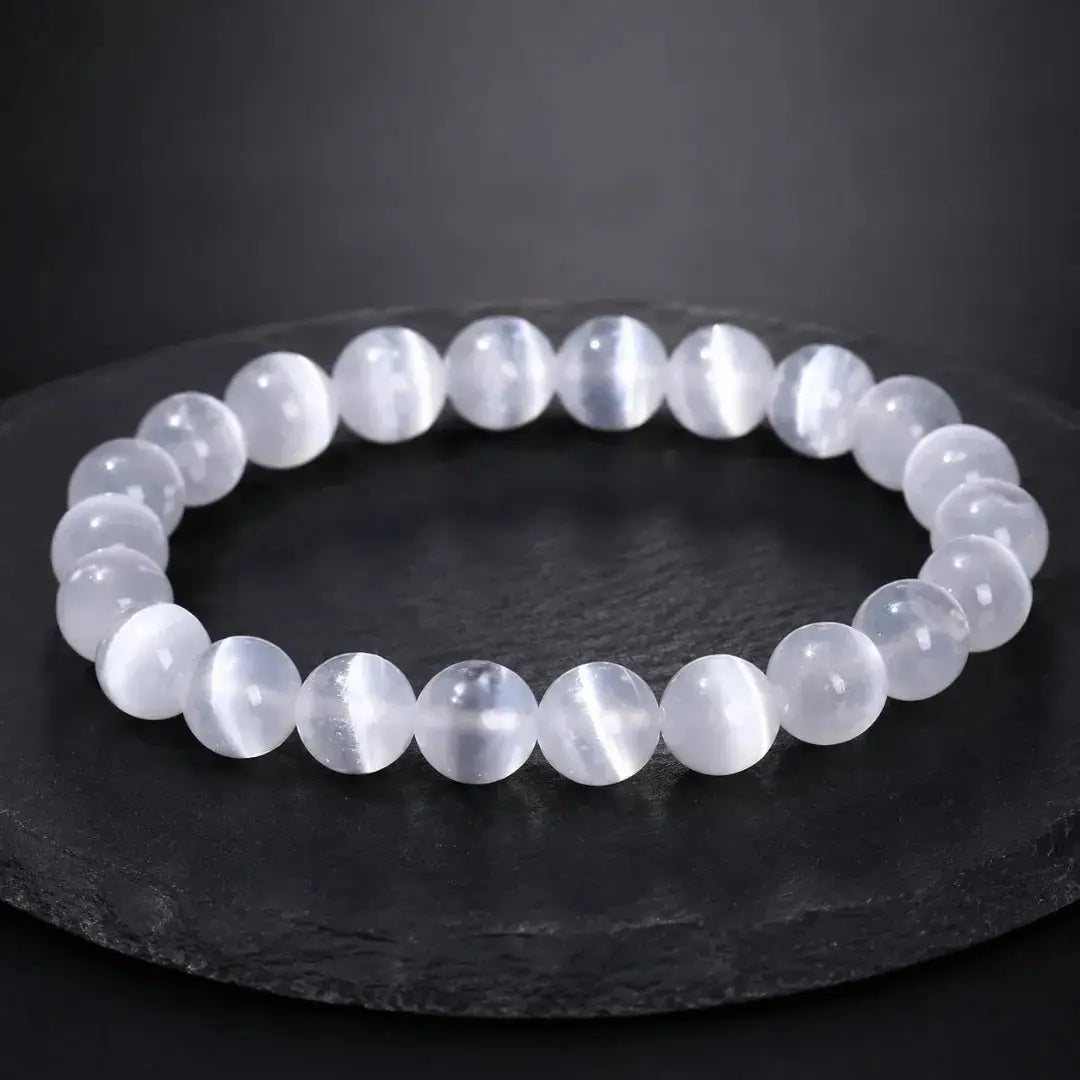 Selenite Stone Bracelet, Crystal Gemstone Stretch Beads 6mm 8mm 10mm for Women and Men
