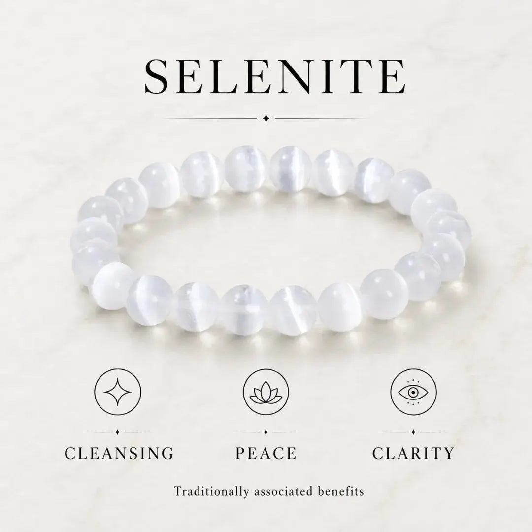 Selenite Stone Bracelet, Crystal Gemstone Stretch Beads 6mm 8mm 10mm for Women and Men