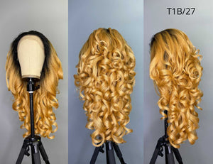 Stunning synthetic lace front wig with long, soft golden curls displayed on a mannequin head. The wig features a natural hairline and full, voluminous waves cascading down, perfect for adding glamour and style.