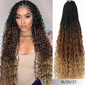 (Shawty Ken) Boho Box Braids Crochet Hair, Curly Ends, Ombre Goddess Braids, Pre-Looped 14, 18, 24 Inches