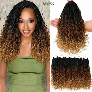 (Shawty Ken) Boho Box Braids Crochet Hair, Curly Ends, Ombre Goddess Braids, Pre-Looped 14, 18, 24 Inches